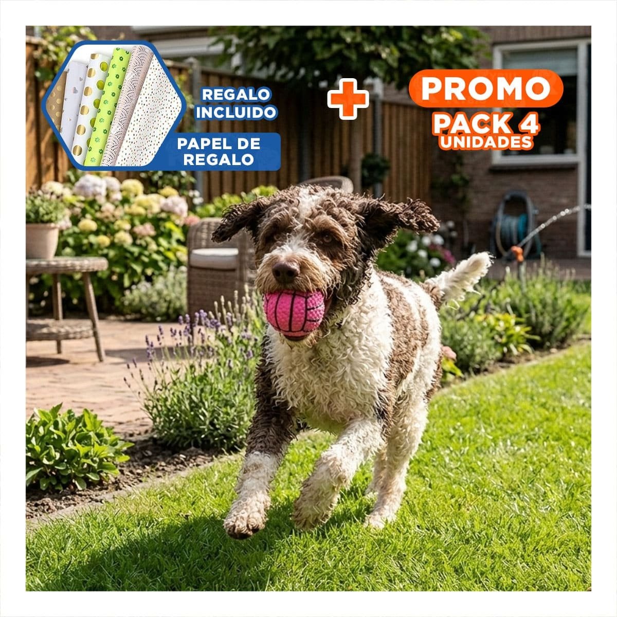 PACK4 SET INTERACTIVO PARA PERRO DE CAUCHO ROSADO CON RAYAS Y SONIDO ACTIVO Y+PAPEL REGALO - 1