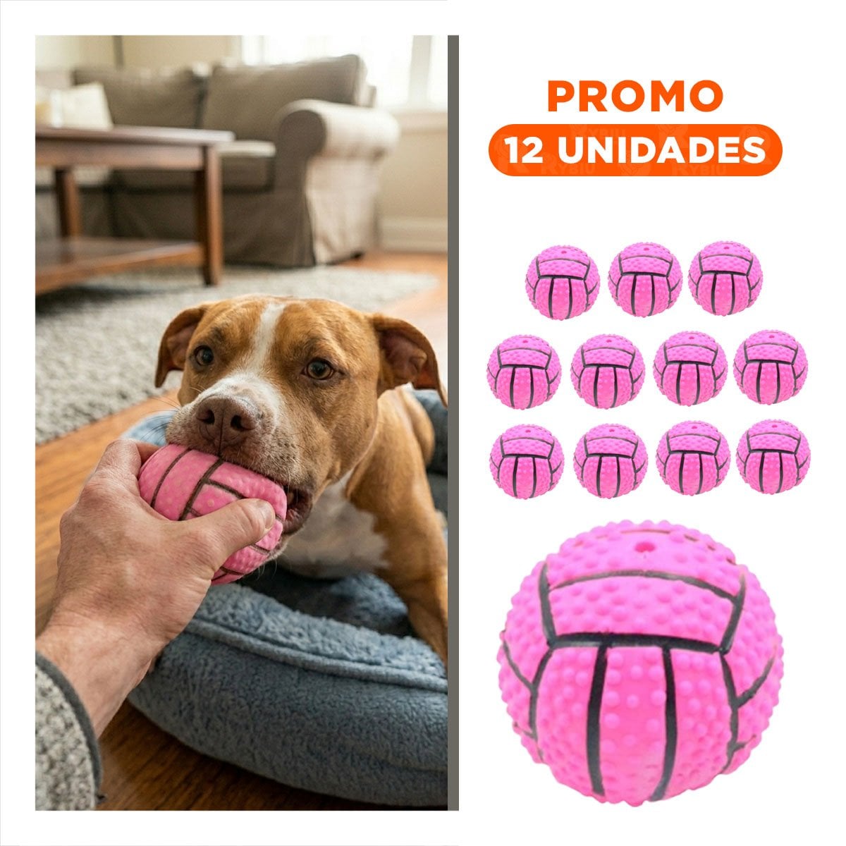 PACK12 KIT DE JUEGO PARA PERRO DE CAUCHO ROSADO CON RAYAS Y SONIDO DIVERTIDO Y+REGALO STICKER - 1