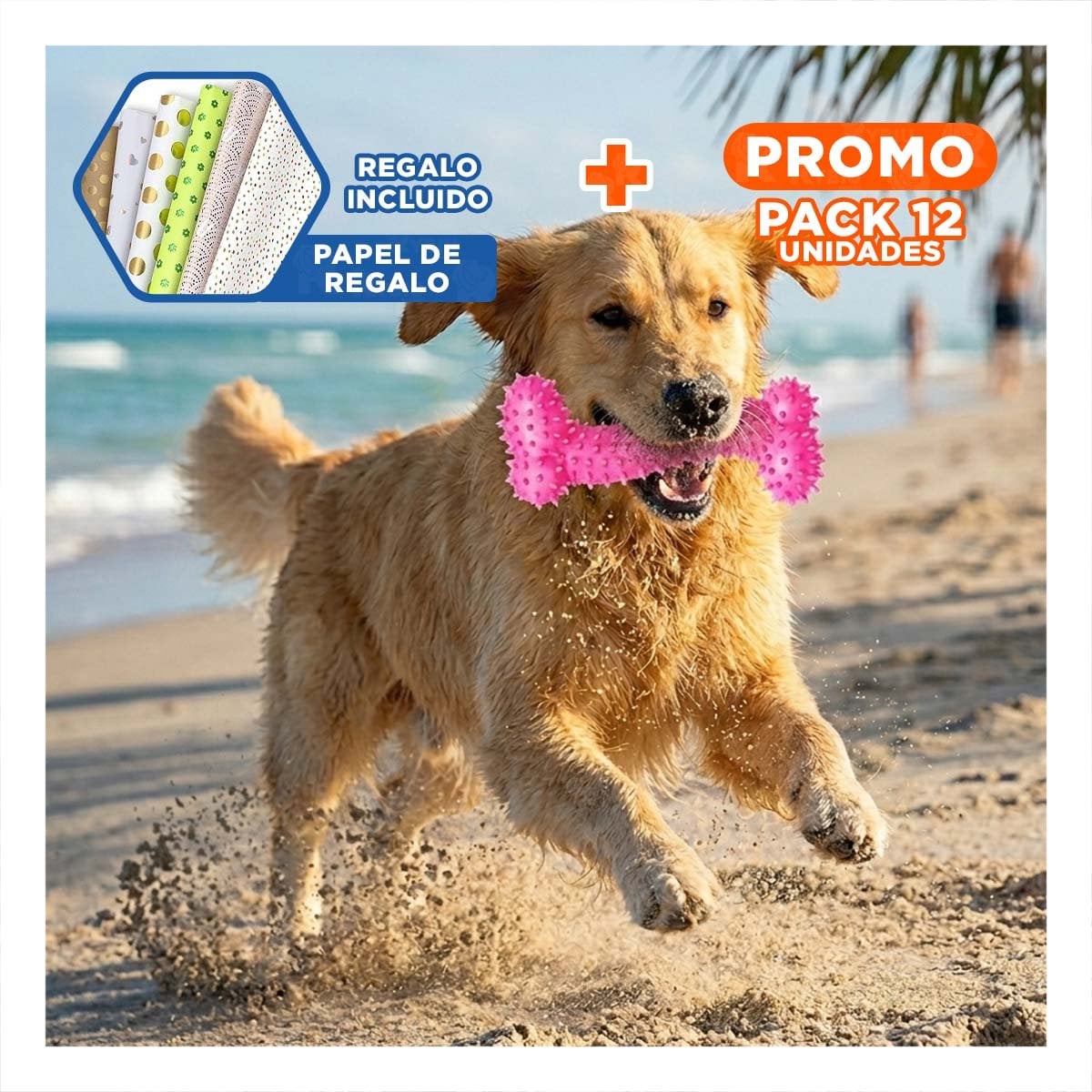 PACK6 SET RESISTENTE DE GOMA MASTICADOR EN FORMA DE HUESO ROSADO SEGURO Y+PAPEL REGALO - 1