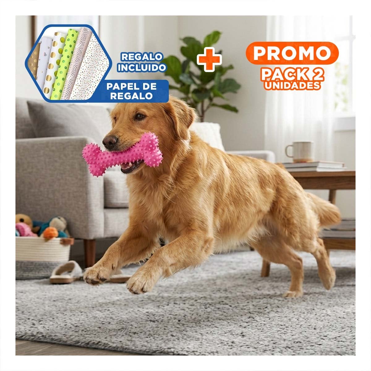 PACK2 KIT DE JUEGO DE GOMA MASTICADOR EN FORMA DE HUESO ROSADO SEGURO Y+PAPEL REGALO - 1