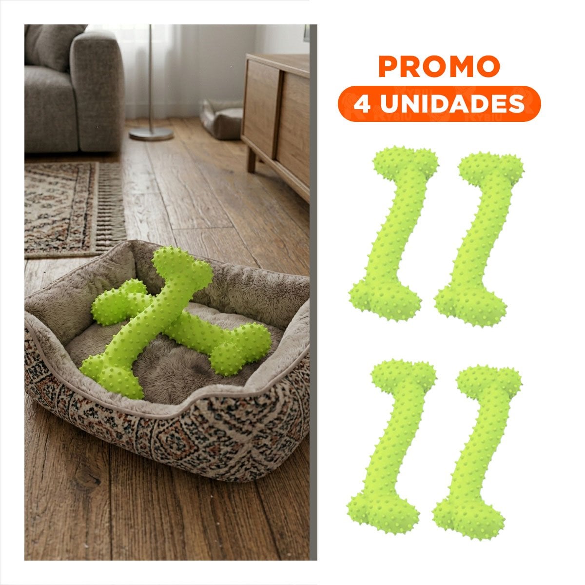 PACK4 SET PEQUENO DE GOMA MASTICADOR EN FORMA DE HUESO VERDE LIMON SEGURO Y+REGALO STICKER - 1