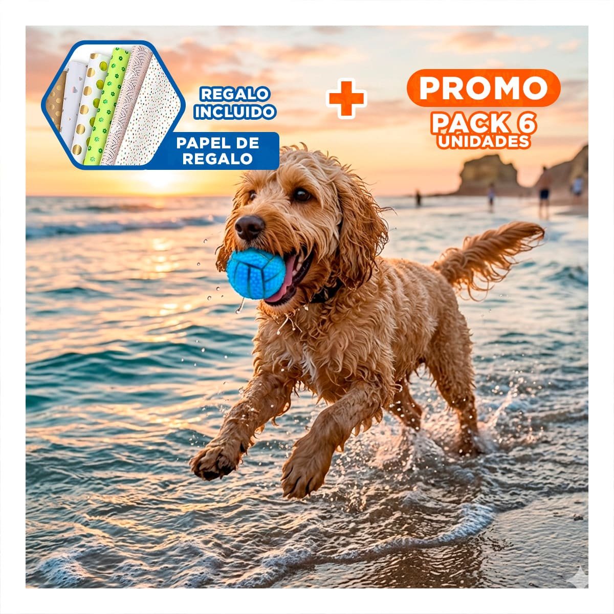PACK6 SET RESISTENTE PARA PERRO A RAYAS DE CAUCHO CON SONIDO Y RELIEVE AZUL Y+PAPEL REGALO - 1