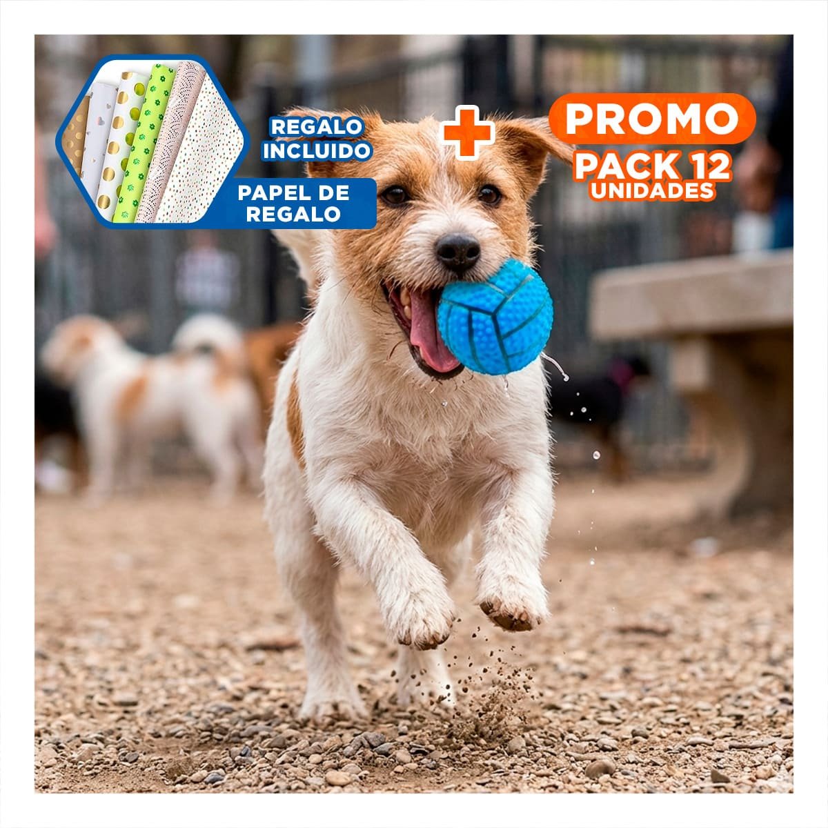PACK12 KIT PEQUENO PARA PERRO A RAYAS DE CAUCHO CON SONIDO Y RELIEVE AZUL Y+PAPEL REGALO - 1