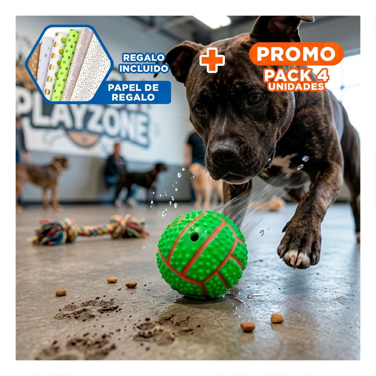 PACK4 SET INTERACTIVO VERDE PARA PERRO DE CAUCHO CON RAYAS Y SONIDO Y+PAPEL REGALO - 1