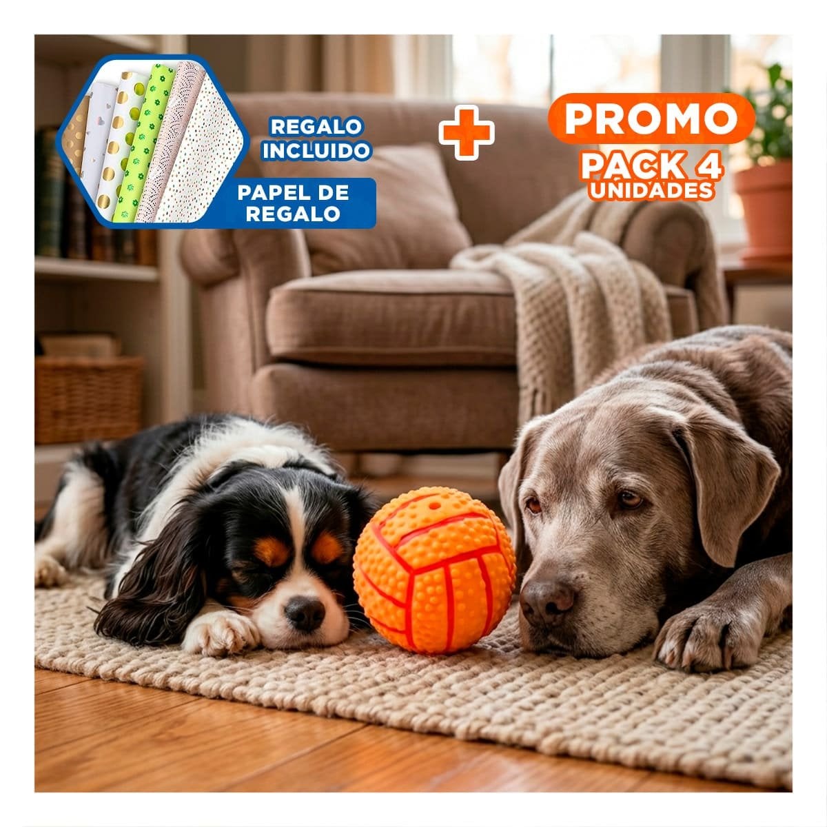 PACK4 SET INTERACTIVO PARA PERRO DE CAUCHO ANARANJADO CON RAYAS Y SONIDO Y+PAPEL REGALO - 1