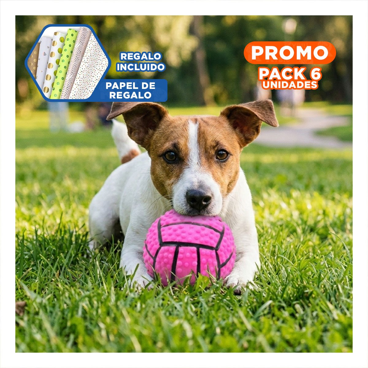 PACK6 SET RESISTENTE PARA PERRO A RAYAS DE CAUCHO ROSADO CON SONIDO DIVERTIDO Y+PAPEL REGALO - 1