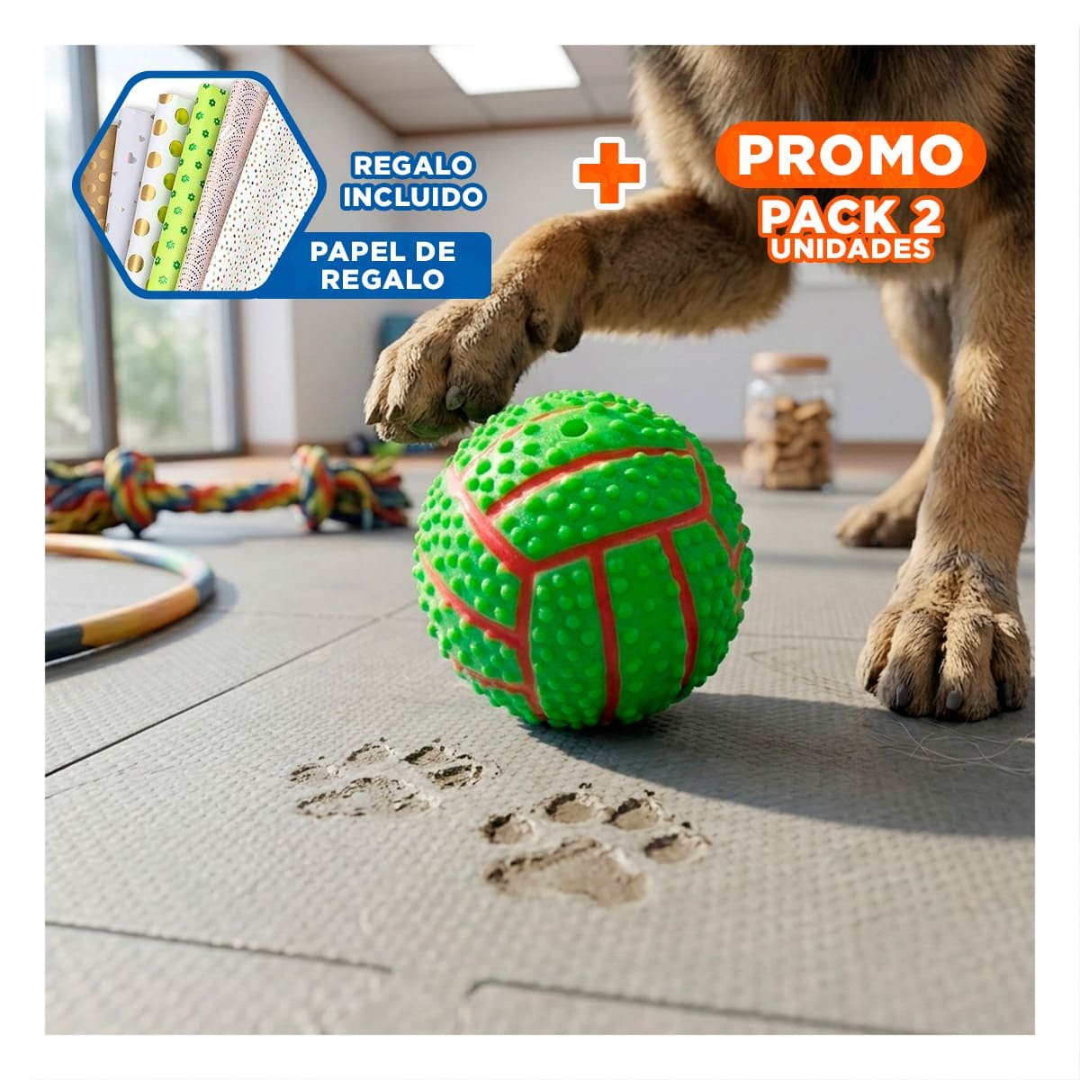 PACK2 ACCESORIO DE JUEGO VERDE PARA PERRO DE CAUCHO CON RAYAS Y RELIEVE Y+PAPEL REGALO - 1