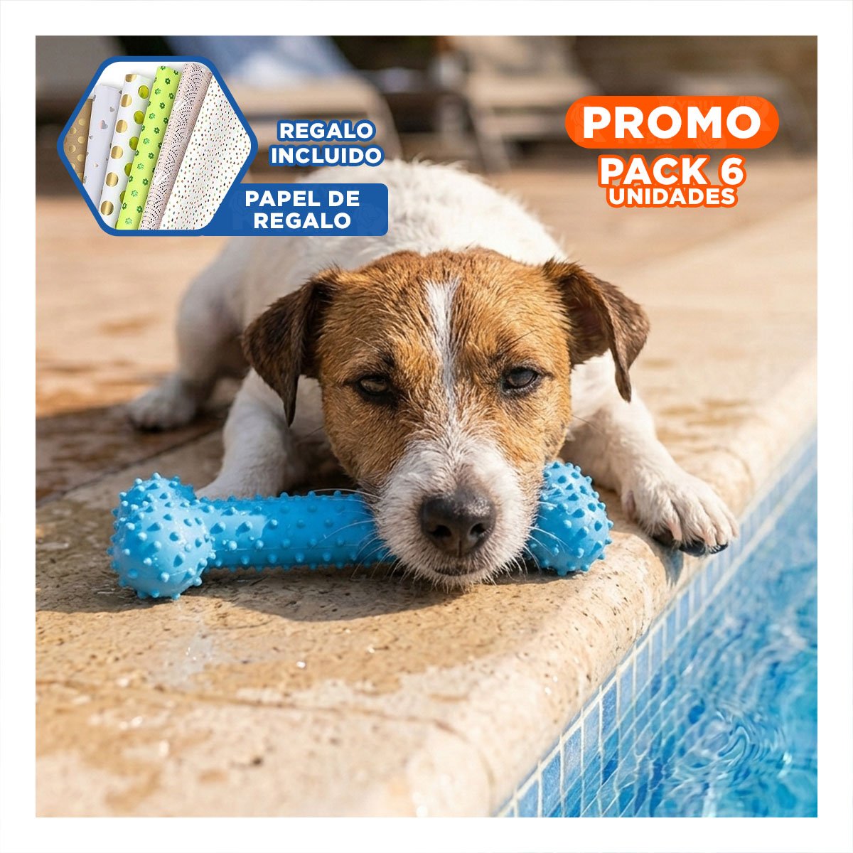 PACK6 SET RESISTENTE DE GOMA MASTICADOR EN FORMA DE HUESO CELESTE SEGURO Y+PAPEL REGALO - 1