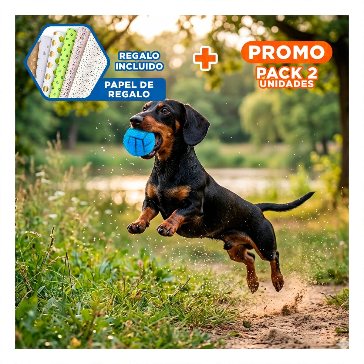 PACK2 ACCESORIO DE JUEGO PARA PERRO DE CAUCHO CON RAYAS, RELIEVE Y SONIDO AZUL Y+PAPEL REGALO - 1