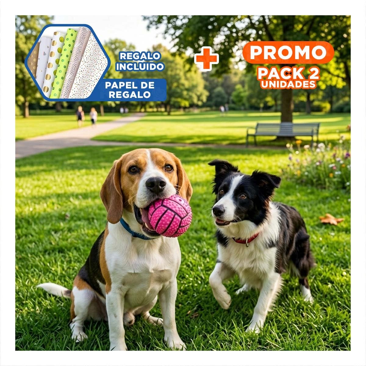 PACK2 ACCESORIO DE JUEGO PARA PERRO DE CAUCHO ROSADO CON RAYAS Y SONIDO SEGURO Y+PAPEL REGALO - 1