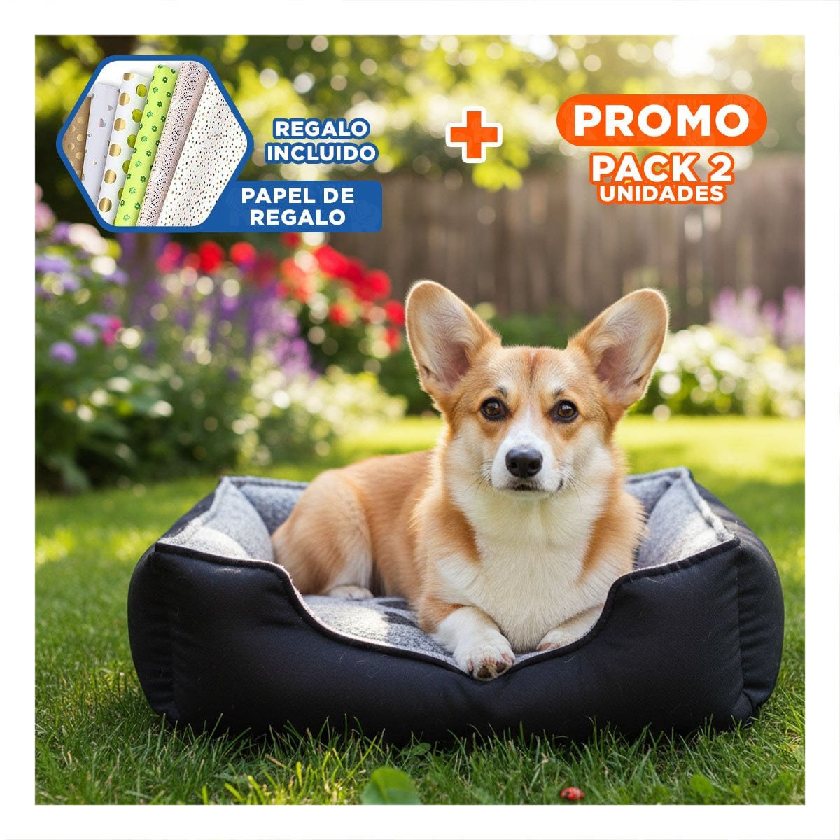 PACK2 LECHO CANINO BASE ANTIDESLIZANTE PARA PISO LISO TALLA M NEGRO Y+PAPEL REGALO - 1