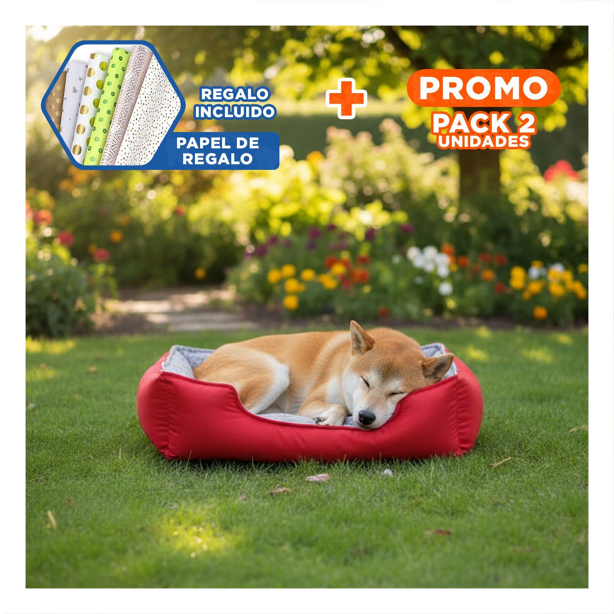 PACK2 BASE DE DESCANSO PARA PERRO RELLENO UNIFORME Y COMODO TALLA M ROJO Y+PAPEL REGALO - 1