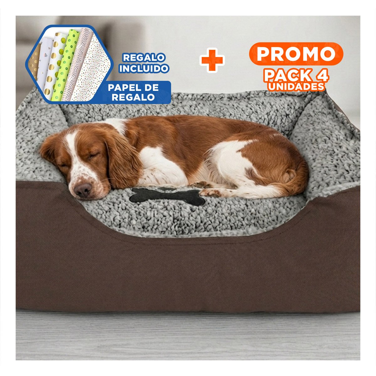 PACK4 REFUGIO ACOLCHADO PARA PERRO TELA DURABLE PARA INTERIOR TALLA L MARRON Y+PAPEL REGALO - 1