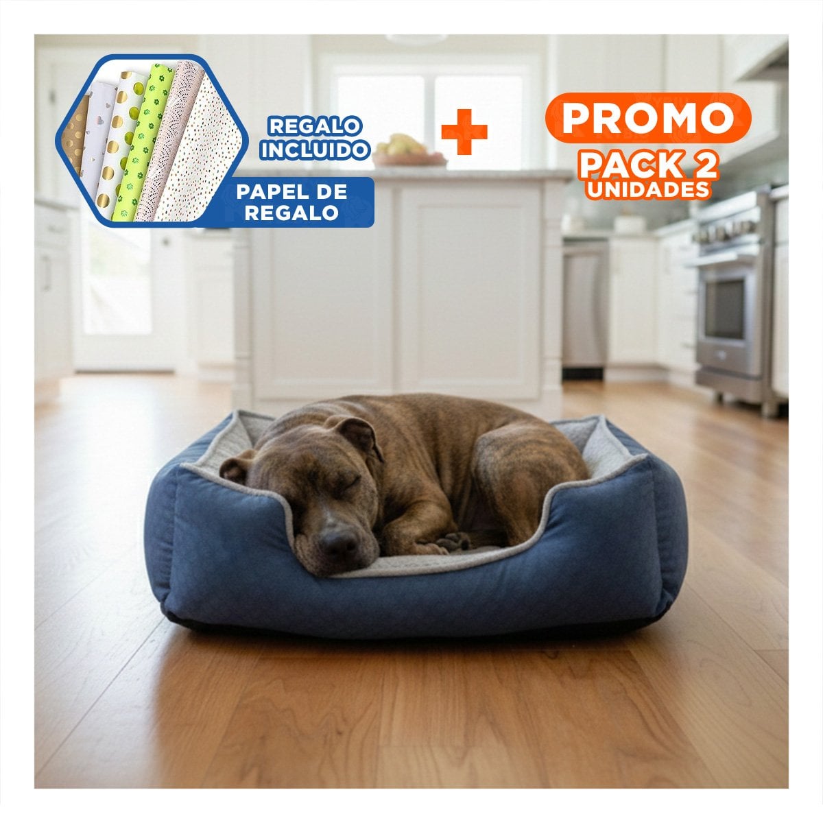 PACK2 REFUGIO ACOLCHADO PARA PERRO BASE SEGURA QUE NO SE DESLIZA TALLA M AZUL Y+PAPEL REGALO - 1