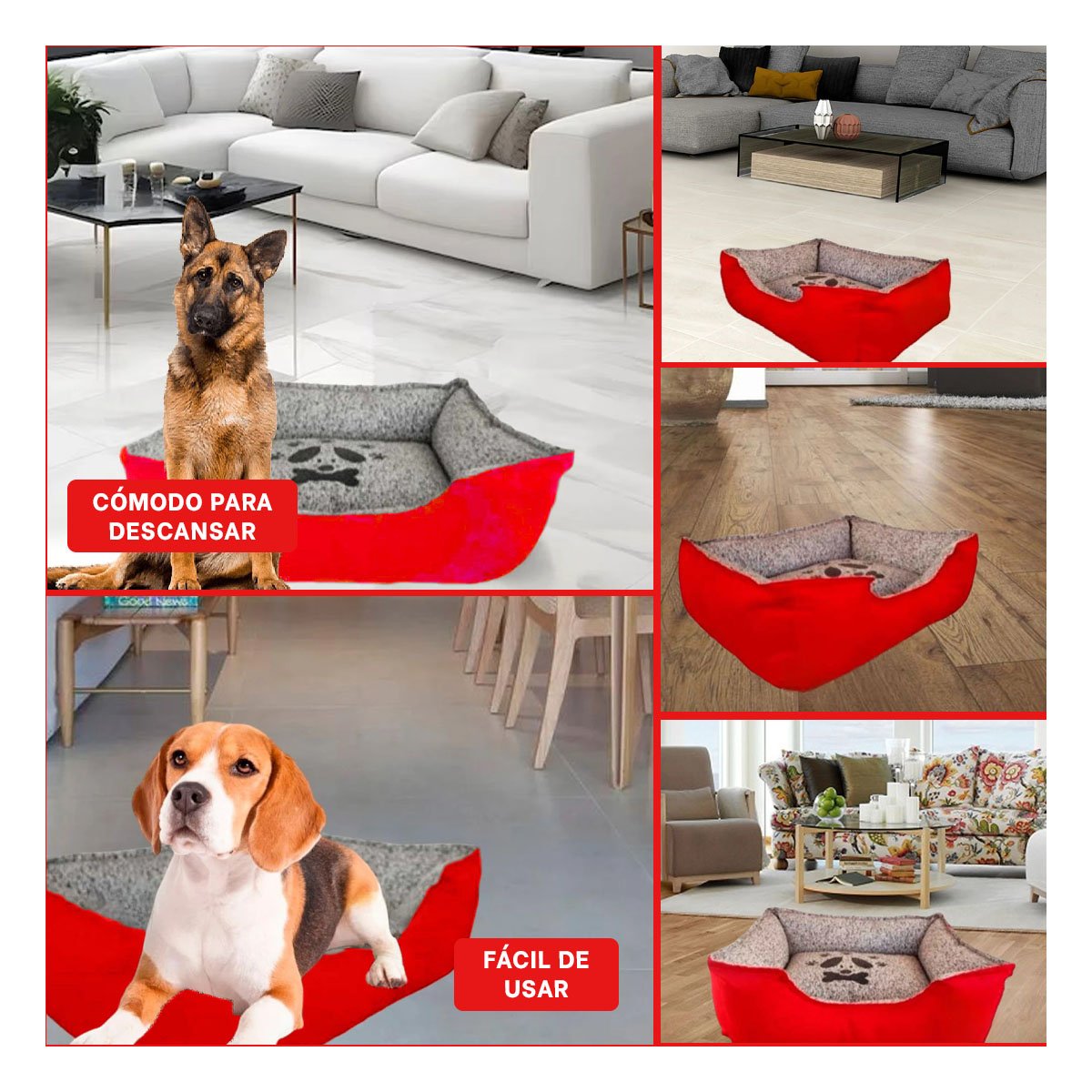 PACK4 ALFOMBRA ACOLCHADA PARA PERRO CON CAPA SUAVE Y FLEXIBLE TALLA L ROJO Y+REGALO STICKER - 2