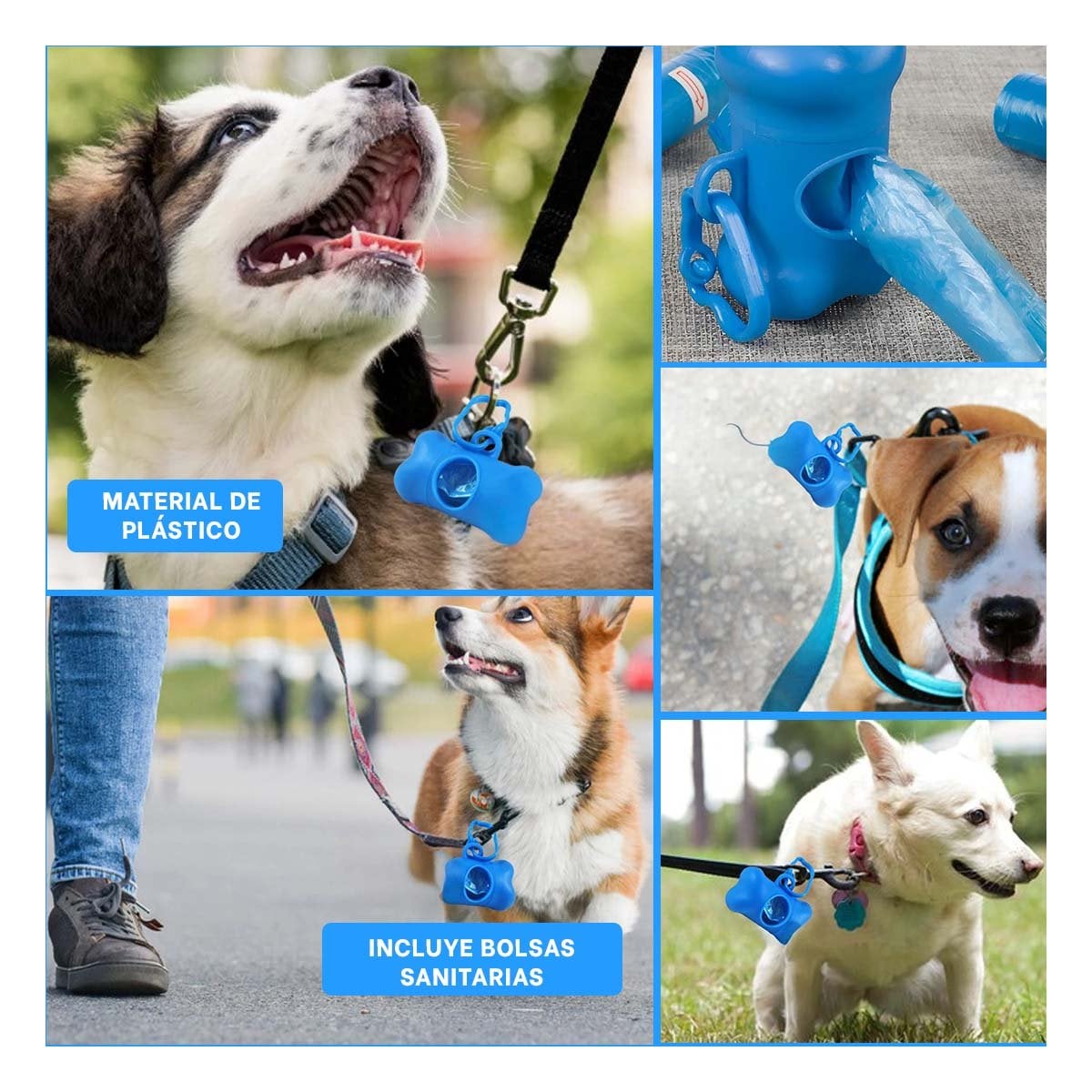 DISPENSADOR DE BOLSA CON PROTECTOR TIPO HUESO AZUL PARA PASEOS - 5