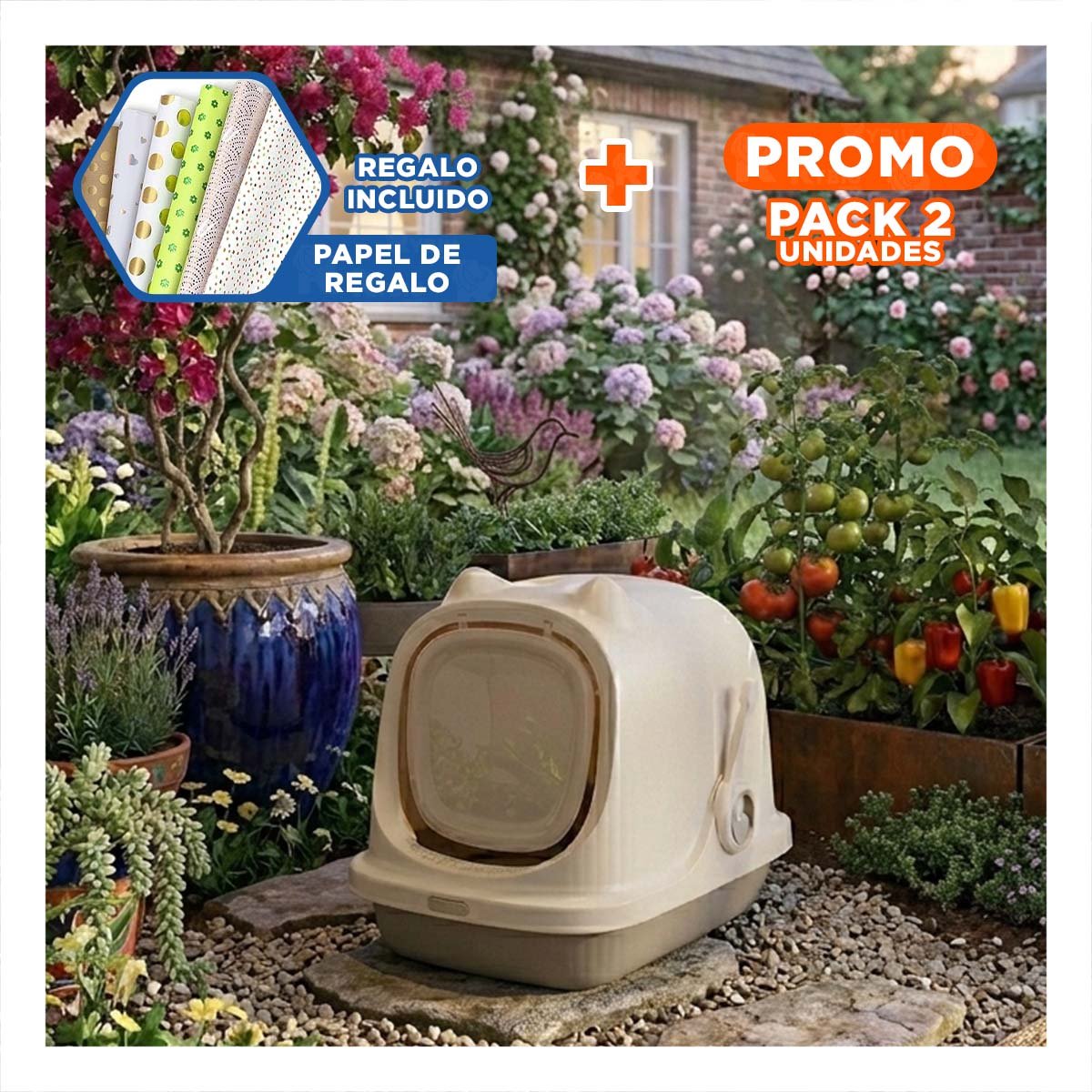 PACK2 SET SANITARIO CERRADO CON OREJITAS DE GATO MARRON PARA CASA Y+PAPEL REGALO - 1