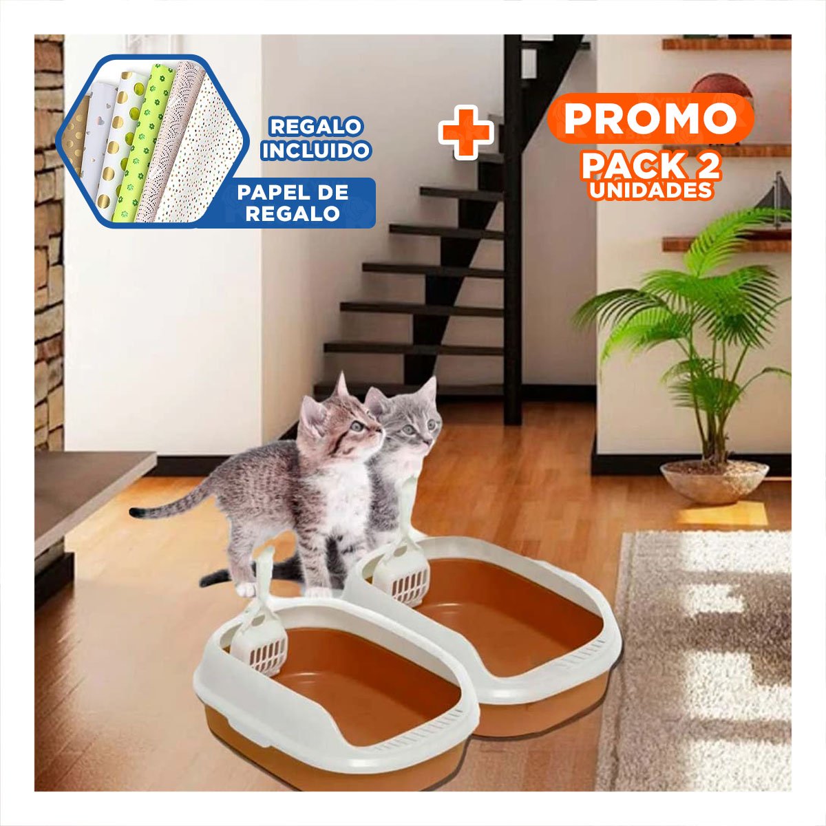 PACK2 RECIPIENTE MARRON PARA GATO CON LADOS MEDIOS ALTOS MAS PALA CERNIDORA Y+PAPEL REGALO - 1