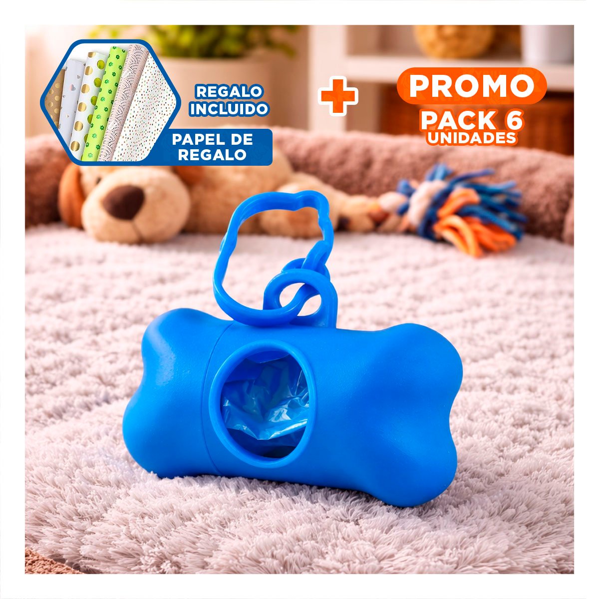 PACK6 SOPORTE PRACTICO CON BOLSA DE DESECHO Y PROTECTOR TIPO HUESO AZUL Y+PAPEL REGALO - 1