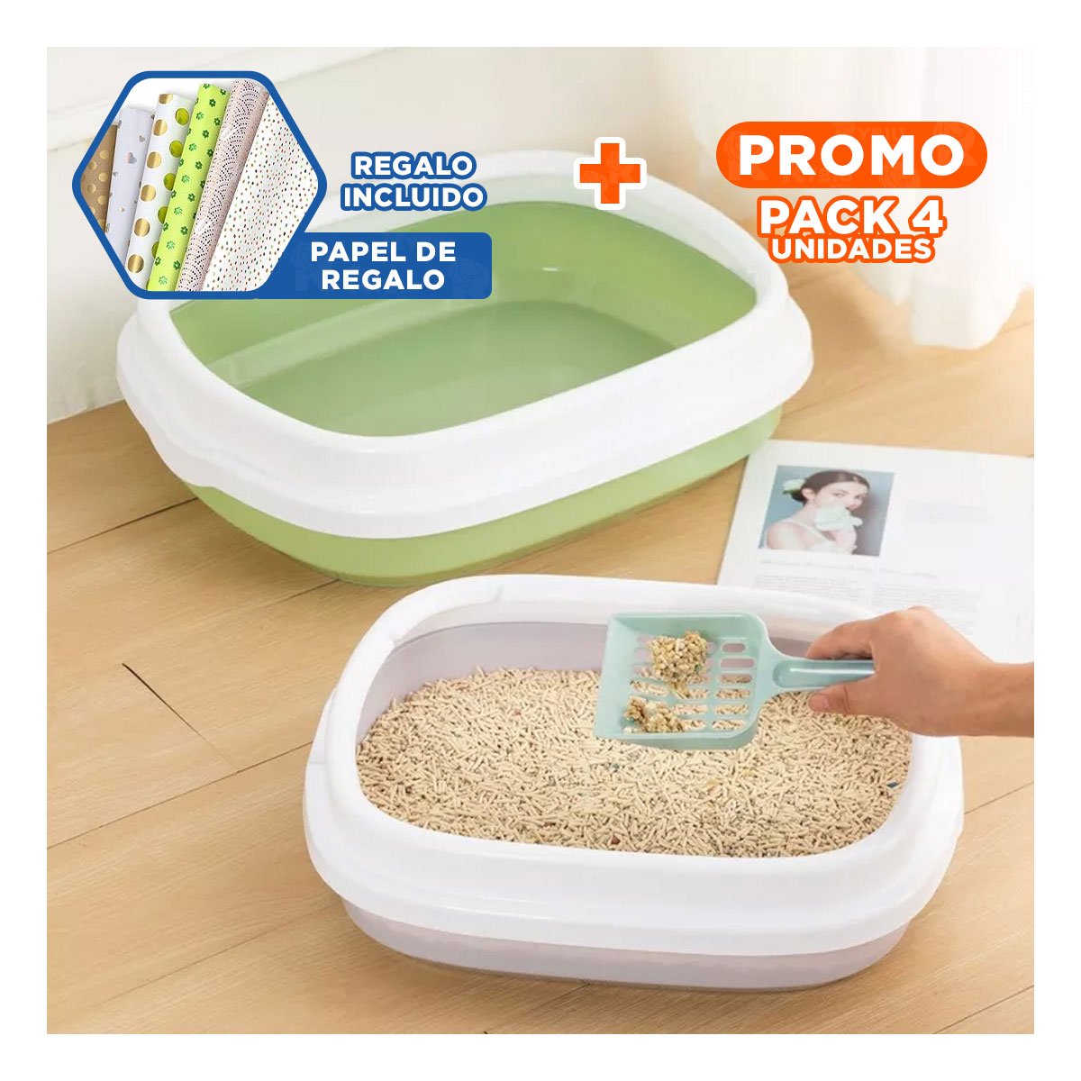 PACK4 SISTEMA VERDE PARA GATO CON PALA CERNIDORA 40X33X11 Y+PAPEL REGALO - 1