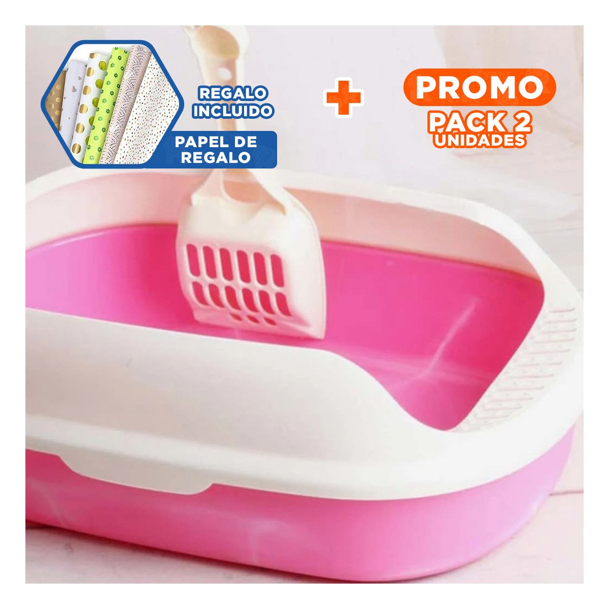PACK2 RECIPIENTE ROSADO PARA GATO CON LADOS MEDIOS ALTOS MAS PALA CERNIDORA Y+PAPEL REGALO - 1
