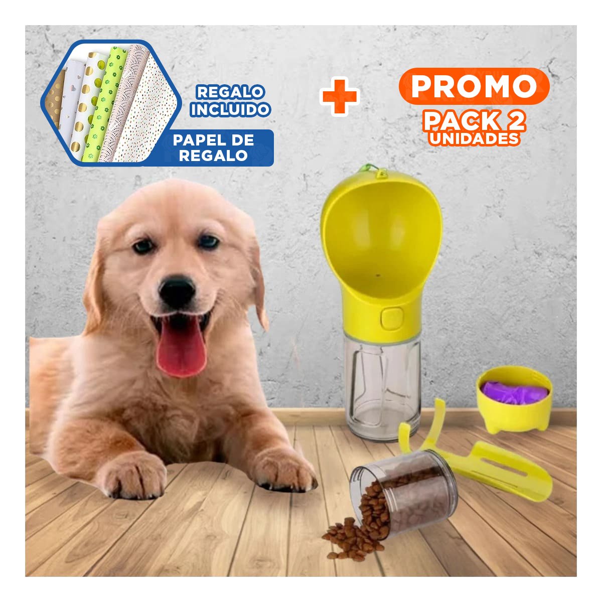 PACK2 RECIPIENTE PORTATIL 4 EN 1 DISPENSADOR CON BOLSITA AMARILLO MEDIANO Y+PAPEL REGALO - 1
