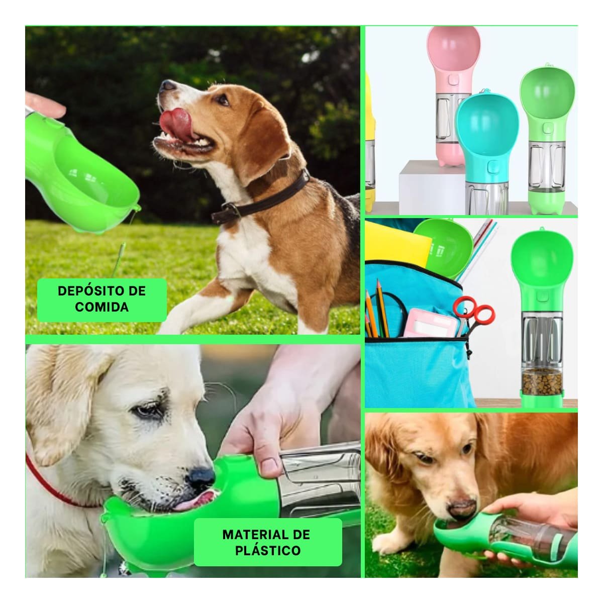 BOTELLIN 4 EN 1 DISPENSADOR CON BOLSITA VERDE MEDIANO PORTATIL Y+POST IT - 5