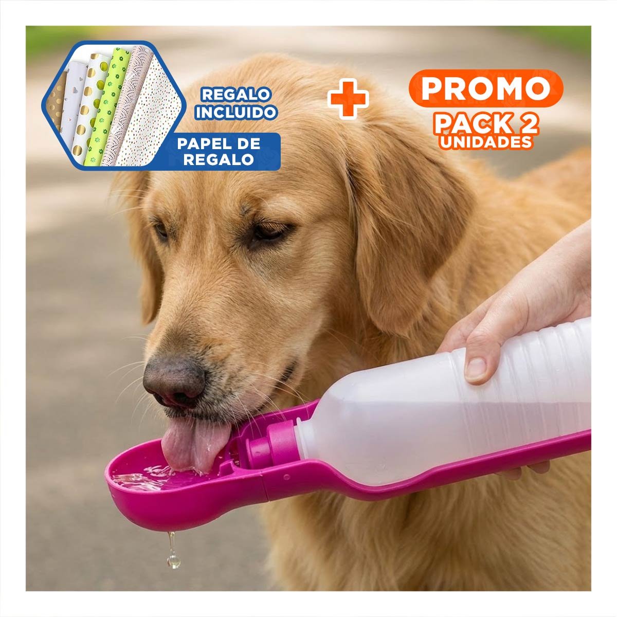 PACK2 BOTELLA COMPACTA ROSADA PARA PERRO CON SISTEMA PRACTICO Y SEGURO Y+PAPEL REGALO - 1