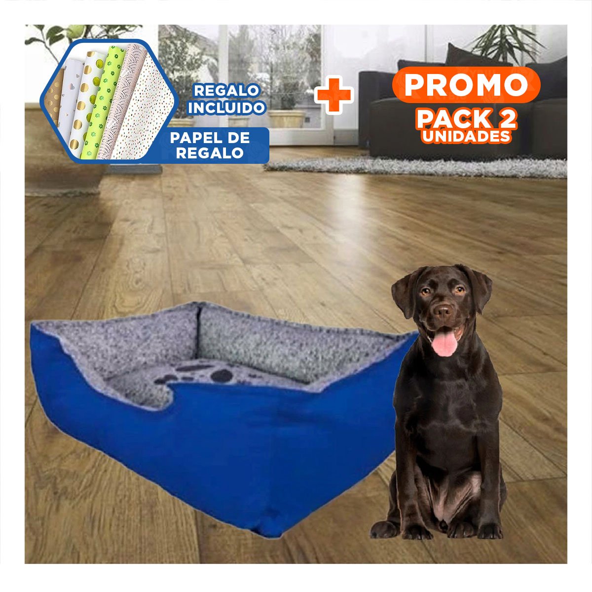 PACK2 COLCHONETA PARA PERRO CUBIERTA SUAVE QUE NO IRRITA LA PIEL TALLA L AZUL Y+PAPEL REGALO - 1