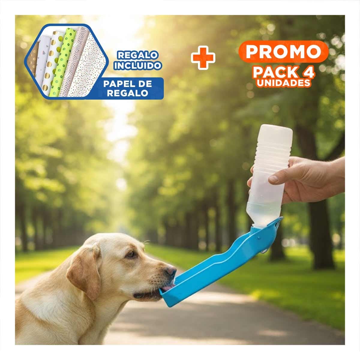 PACK4 BOTELLA COMPACTA CELESTE PARA PERRO CON SISTEMA PRACTICO Y SEGURO Y+PAPEL REGALO - 1