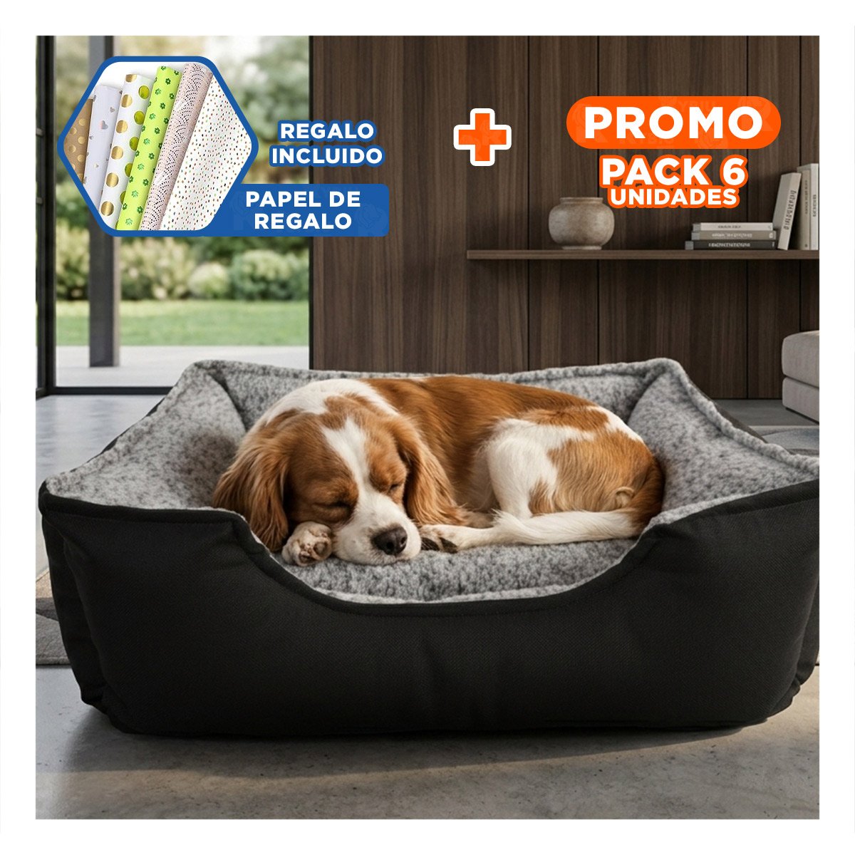 PACK6 ESPACIO DE DESCANSO PARA PERRO AREA AMPLIA TALLA L NEGRO Y+PAPEL REGALO - 1