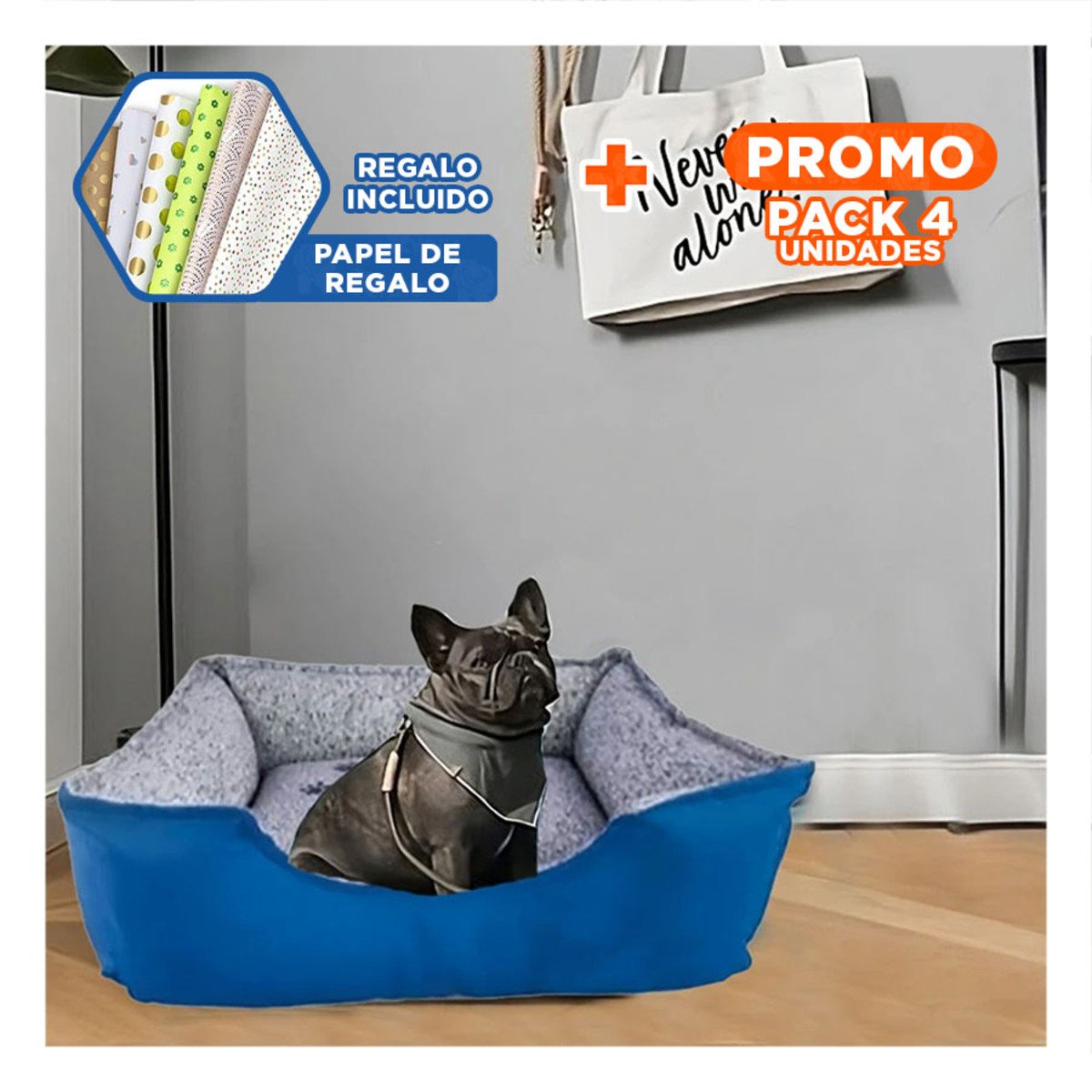 PACK4 COLCHONETA PARA PERRO FORMATO AMPLIO PARA MAYOR COMODIDAD TALLA L AZUL Y+PAPEL REGALO - 1