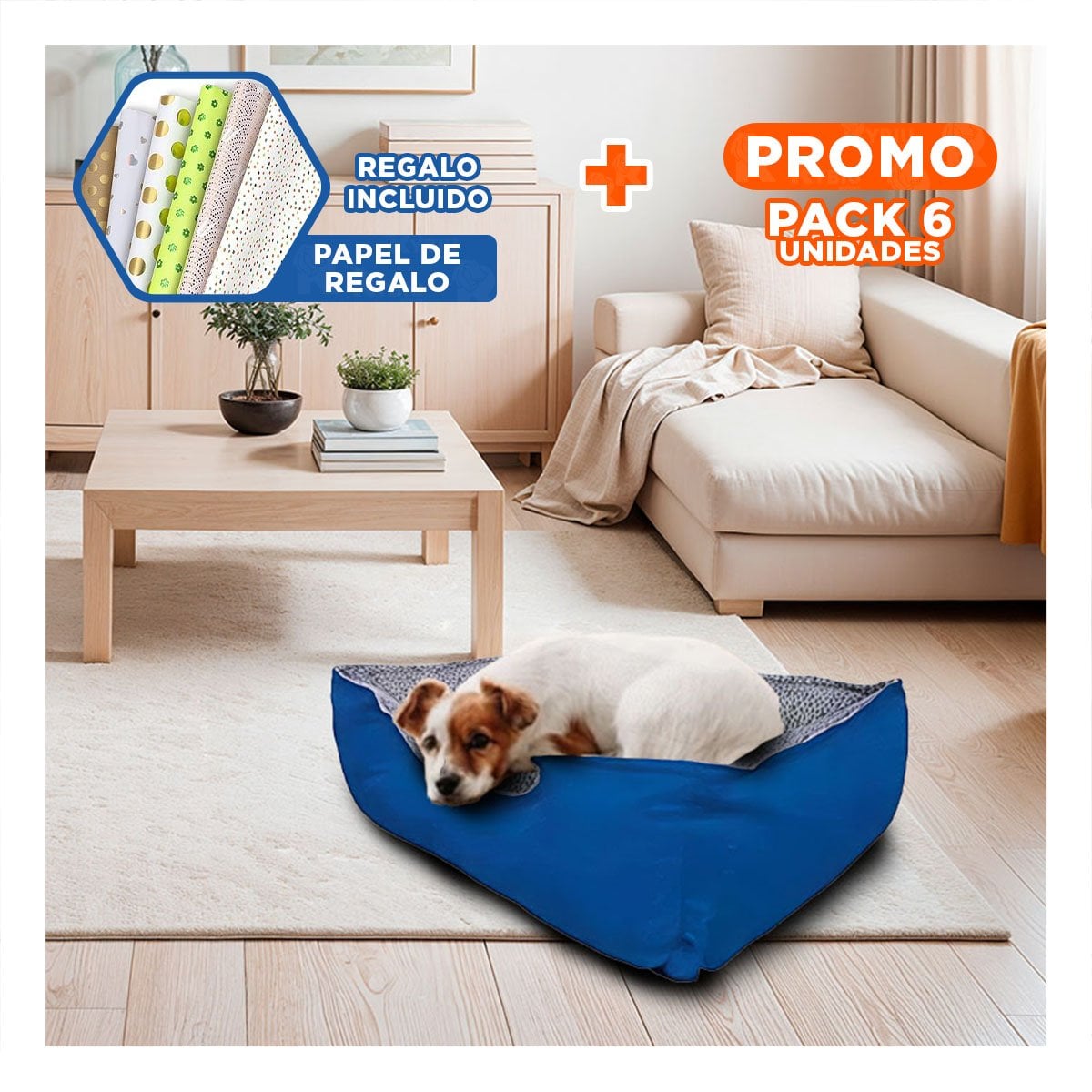 PACK6 ALFOMBRA ACOLCHADA PARA PERRO BASE ANTIDESLIZANTE SEGURA TALLA L AZUL Y+PAPEL REGALO - 1