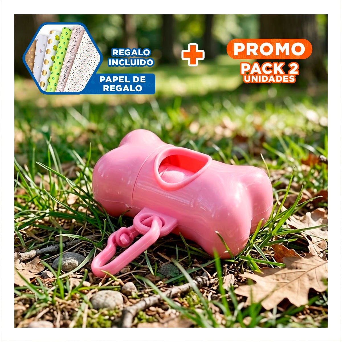 PACK2 SOPORTE DE PASEO CON BOLSA DE DESECHO Y PROTECTOR TIPO HUESO ROSADO Y+PAPEL REGALO - 1