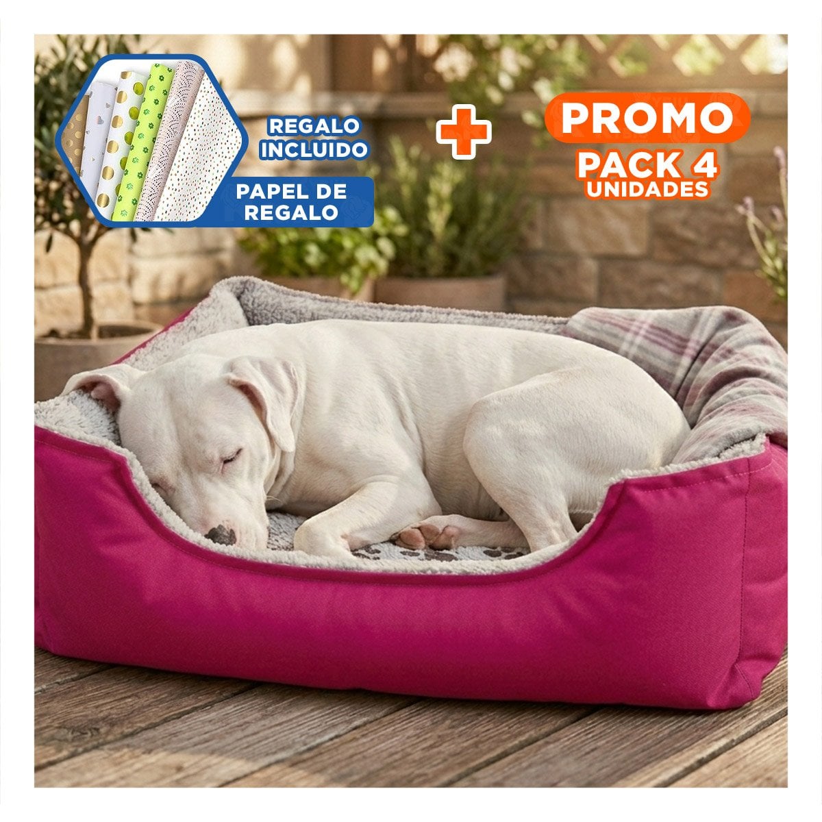 PACK4 CUCHA ACOLCHADA FORMATO AMPLIO PARA PERROS GRANDES TALLA L FUCSIA Y+PAPEL REGALO - 1