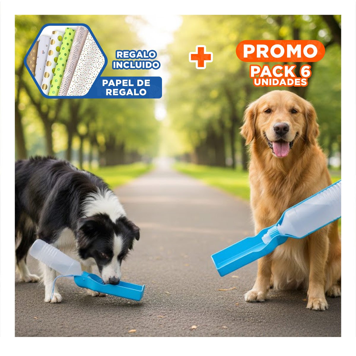 PACK6 DEPOSITO COMPACTO CELESTE PARA MASCOTA CON FUNCION PRACTICA EN SALIDAS Y+PAPEL REGALO - 1