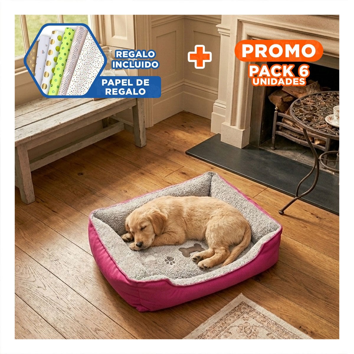 PACK6 COLCHON PARA MASCOTA FORMATO AMPLIO PARA PERROS GRANDES TALLA L FUCSIA Y+PAPEL REGALO - 1
