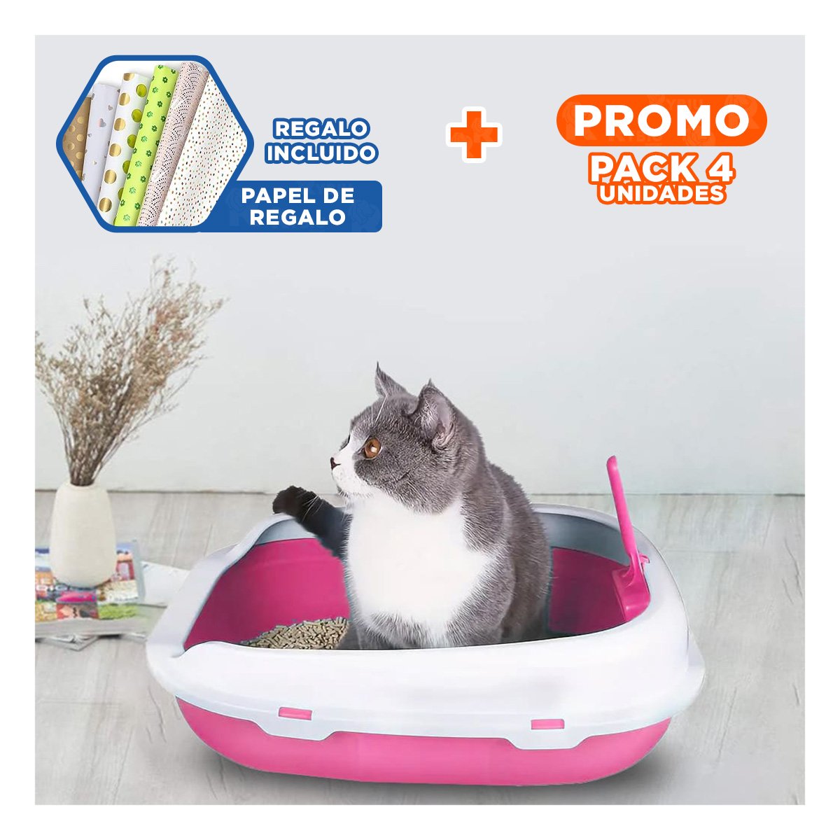 PACK4 SISTEMA ROSADO PARA GATO CON LADOS MEDIOS ALTOS MAS PALA CERNIDORA Y+PAPEL REGALO - 1