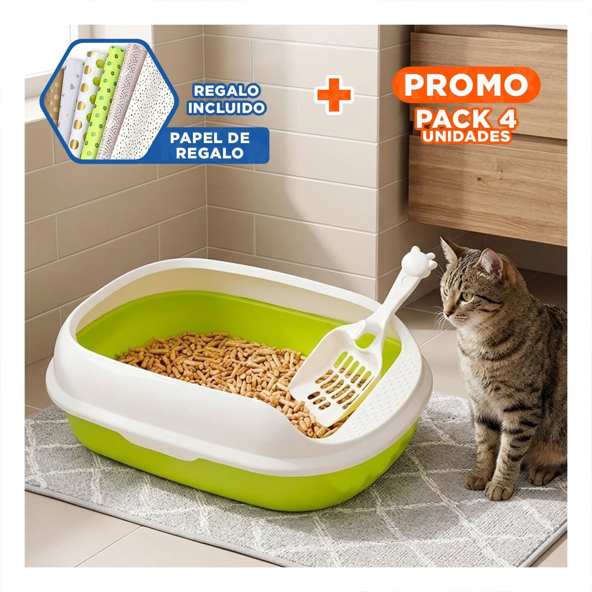 PACK4 SISTEMA VERDE PARA GATO CON LADOS MEDIOS ALTOS MAS PALA CERNIDORA Y+PAPEL REGALO - 1