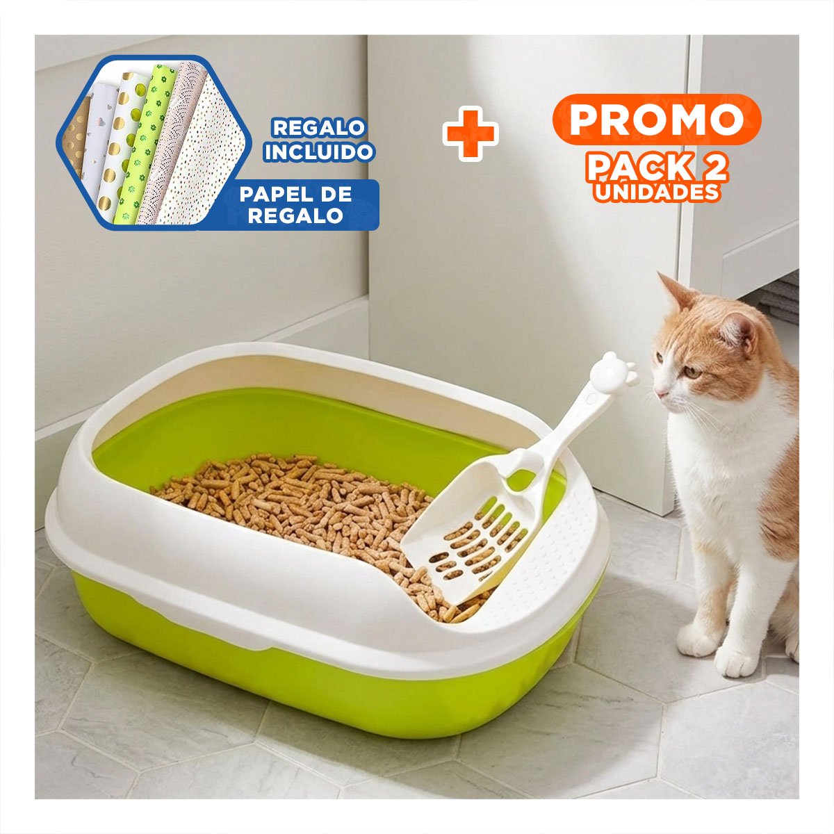 PACK2 RECIPIENTE VERDE PARA GATO CON LADOS MEDIOS ALTOS MAS PALA CERNIDORA Y+PAPEL REGALO - 1