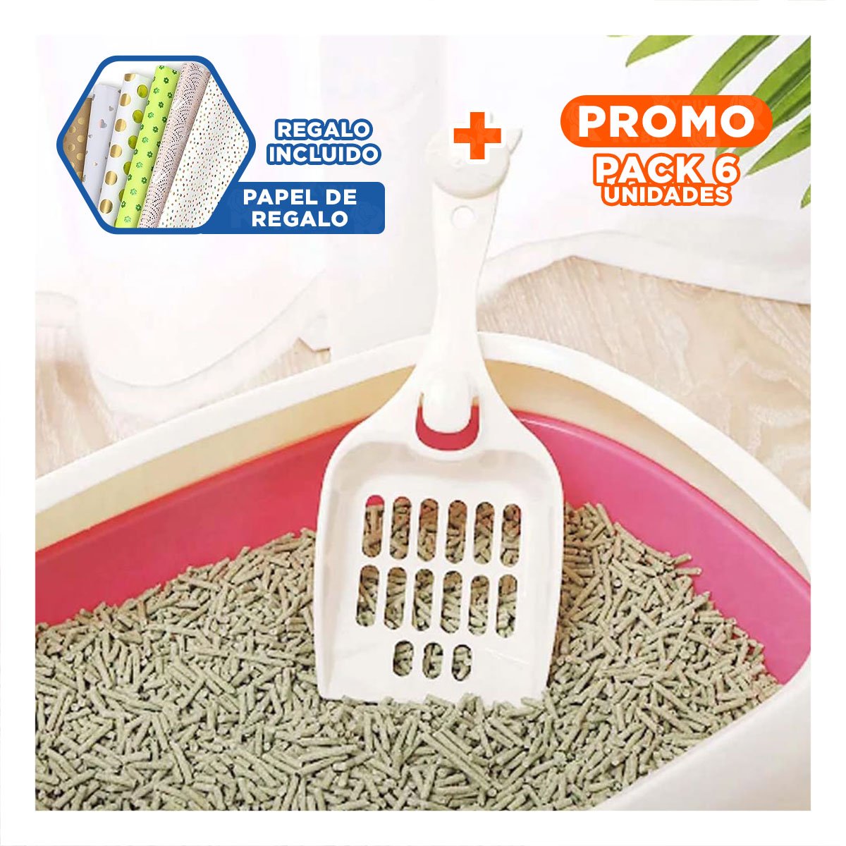 PACK6 AREA ROSADO PARA GATO CON LADOS MEDIOS ALTOS MAS PALA CERNIDORA Y+PAPEL REGALO - 1