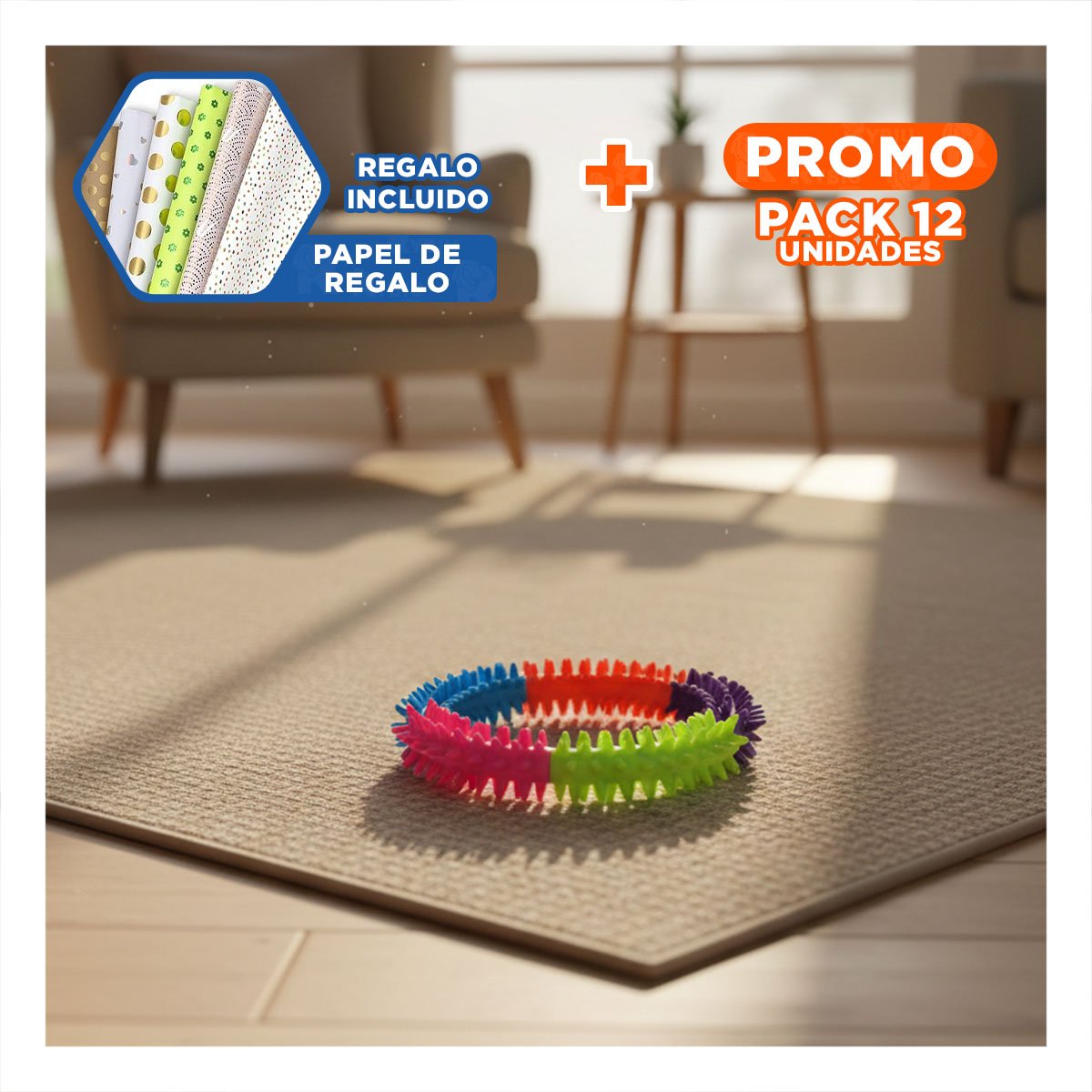 PACK12 JUGUETE PARA MASCOTAS ACTIVAS DE JEBE PUNTEADO DE COLORES Y+PAPEL REGALO - 1