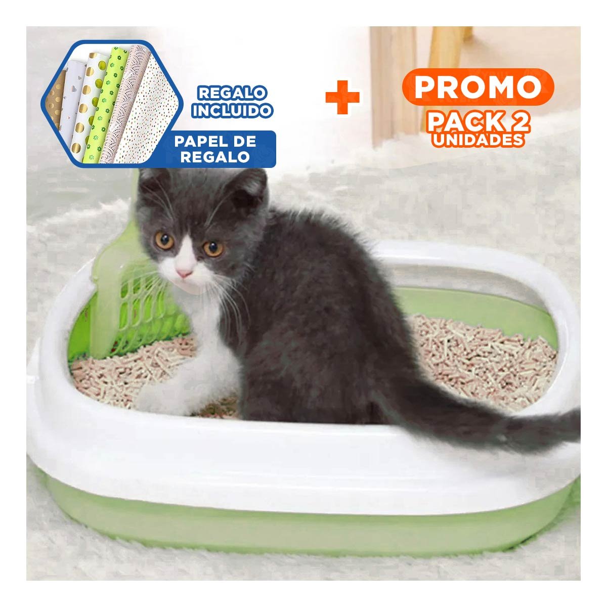 PACK2 RECIPIENTE VERDE PARA GATO CON PALA CERNIDORA 40X33X11 Y+PAPEL REGALO - 1