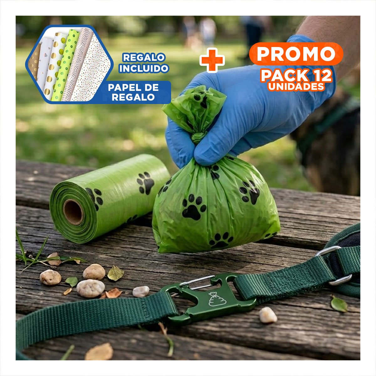 PACK12 SOLUCION VERDE DE BOLSA BIODEGRADABLE PARA MASCOTA Y+PAPEL REGALO - 1