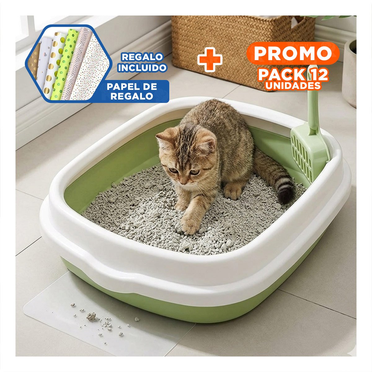 PACK12 BASE VERDE PARA GATO CON PALA CERNIDORA 40X33X11 Y+PAPEL REGALO - 1