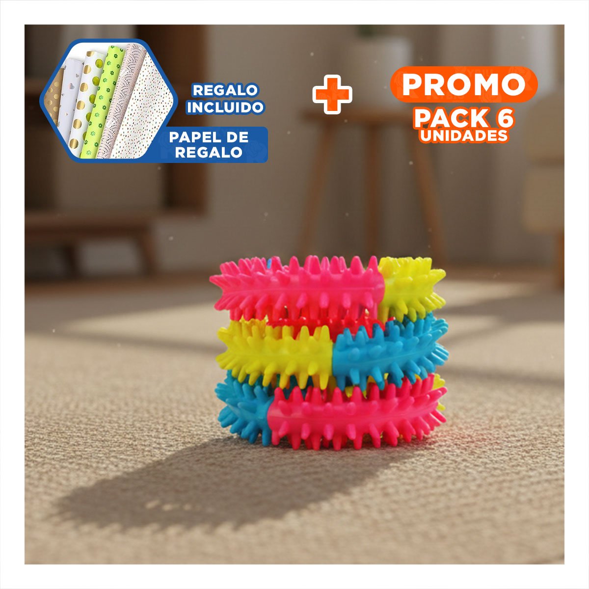 PACK6 PARA PERROS ACCESORIO TEXTURIZADO JEBE PUNTEADO DE COLORES SURTIDOS Y+PAPEL REGALO - 1