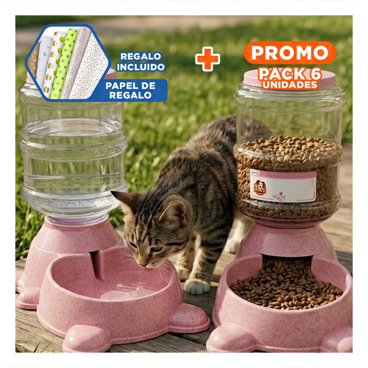 PACK6 VERSION MODERNA PARA PERRO PLOMO CIRCULAR CON BIDON PLASTICO ROSADO Y+PAPEL REGALO - 1