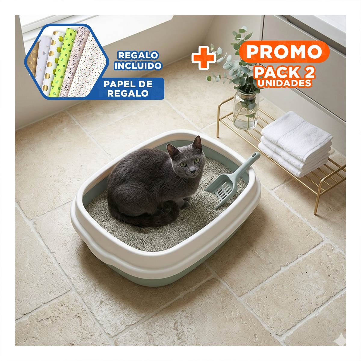 PACK2 RECIPIENTE VERDE PARA GATO CON PALA CERNIDORA 48X40X12,5 Y+PAPEL REGALO - 1