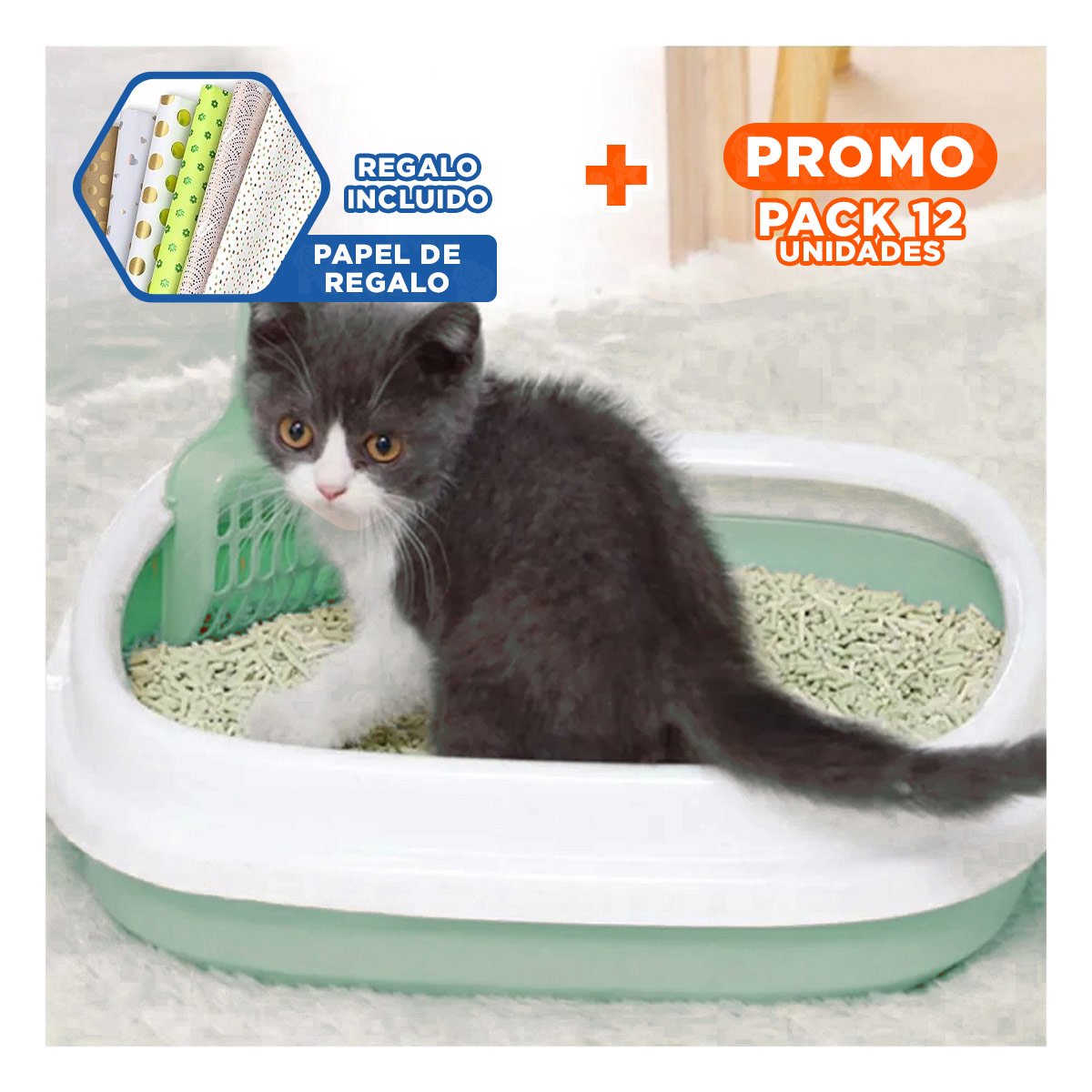 PACK12 BASE VERDE PARA GATO CON PALA CERNIDORA 48X40X12,5 Y+PAPEL REGALO - 1