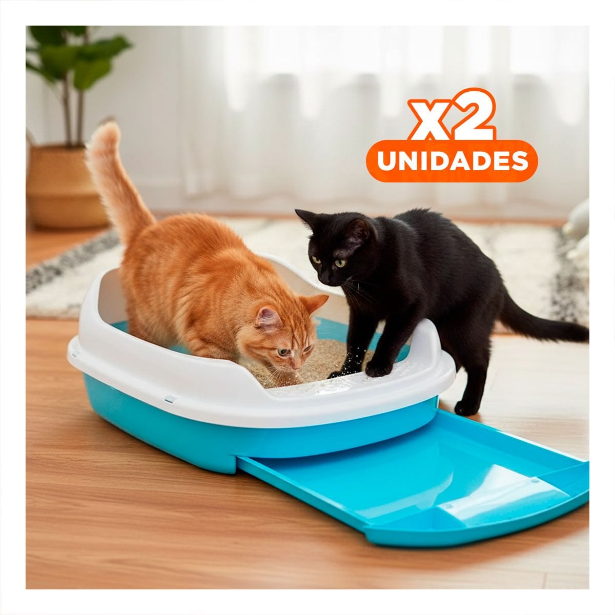 PACK2 CONTENEDOR CELESTE PARA GATO CON BANDEJA EXTRAIBLE ABIERTA Y+REGALO STICKER - 1